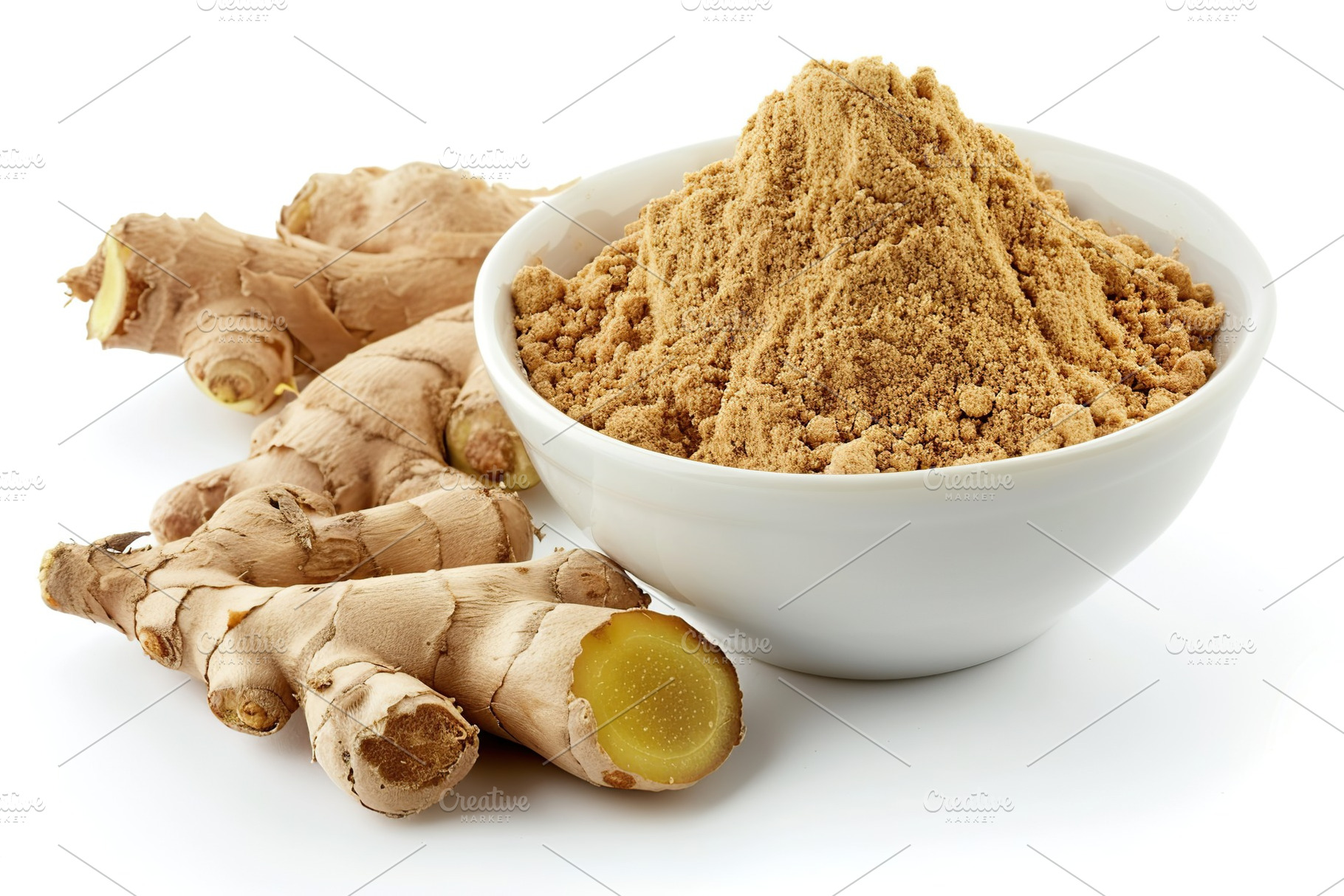 Ground dry ginger in bowl isolated on white background, a Food & Drink Photo by AlyaAnd