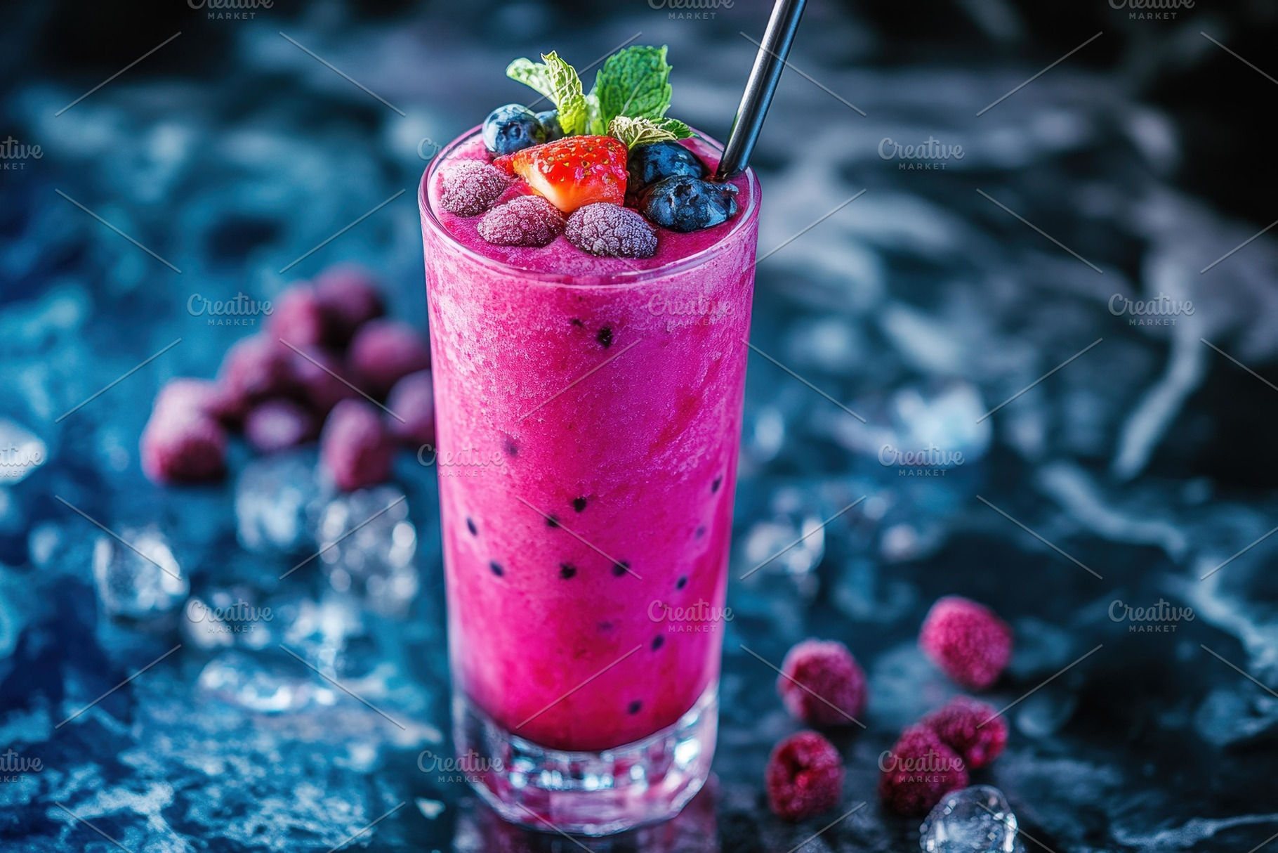 Vibrant berry smoothie in a glass wi, a Photo by Tanuart