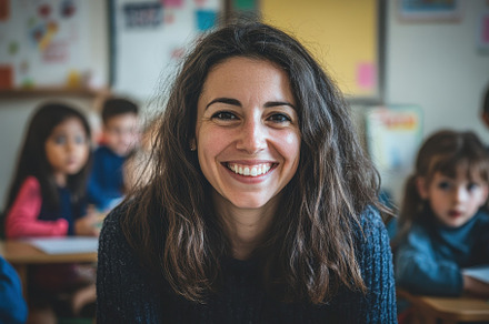Portrait of a smiling female teacher, a Photo by Pavel_design