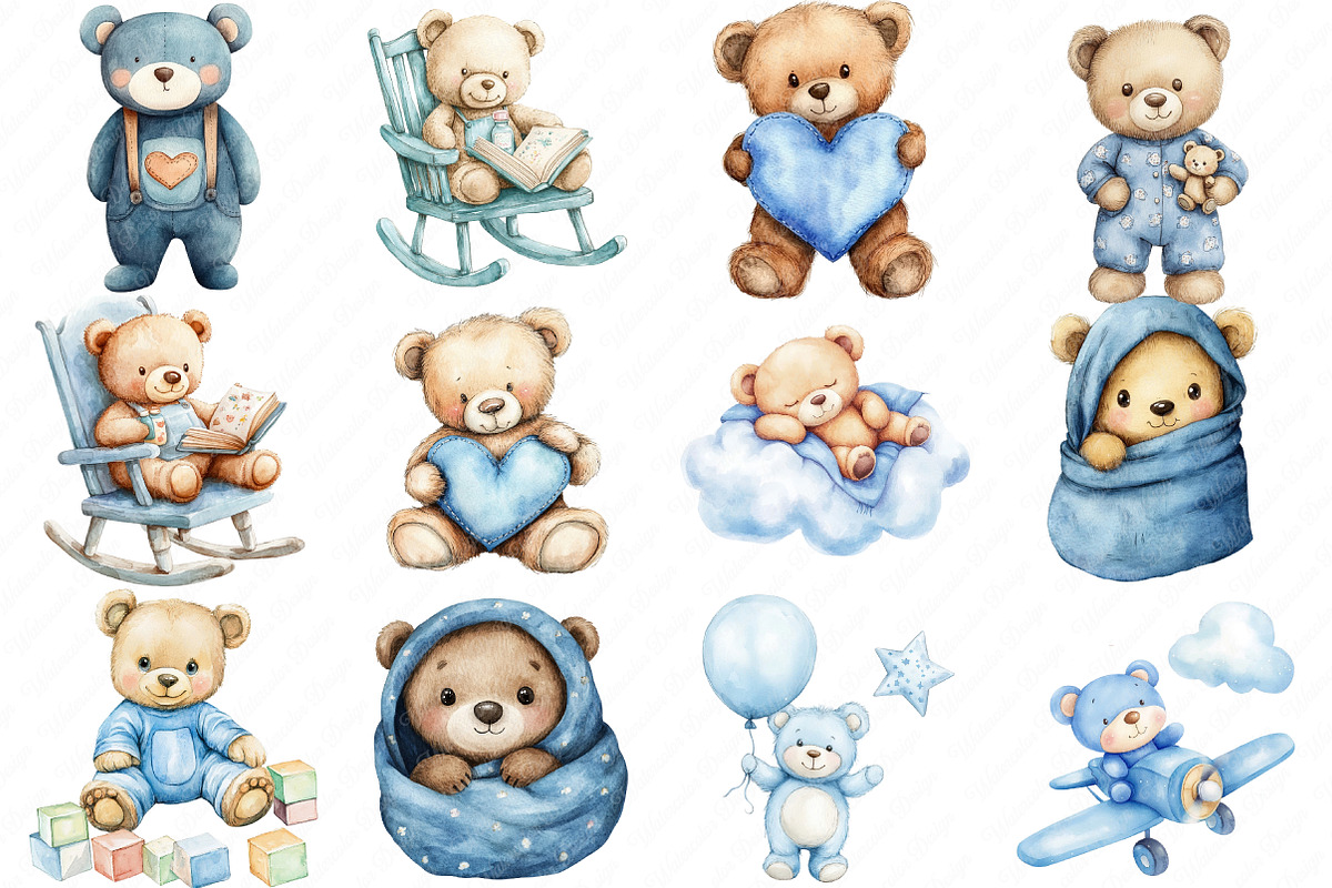 Cute Blue Teddy bear clipart, an Illustration by Watercolor design (Photo 2 of 12)