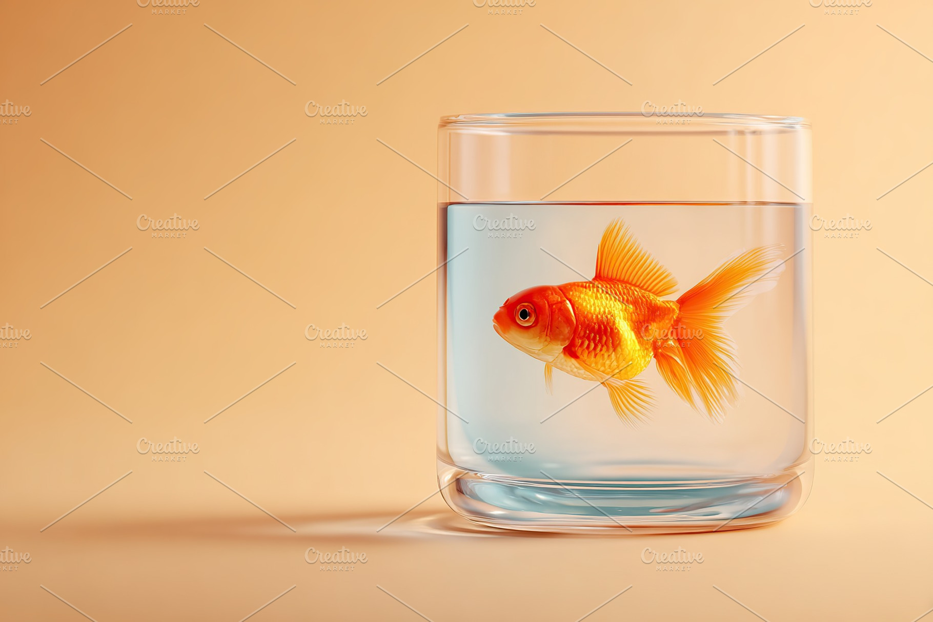 Goldfish swimming in a clear glass bowl on a soft orange background, a Photo by AlyaAnd