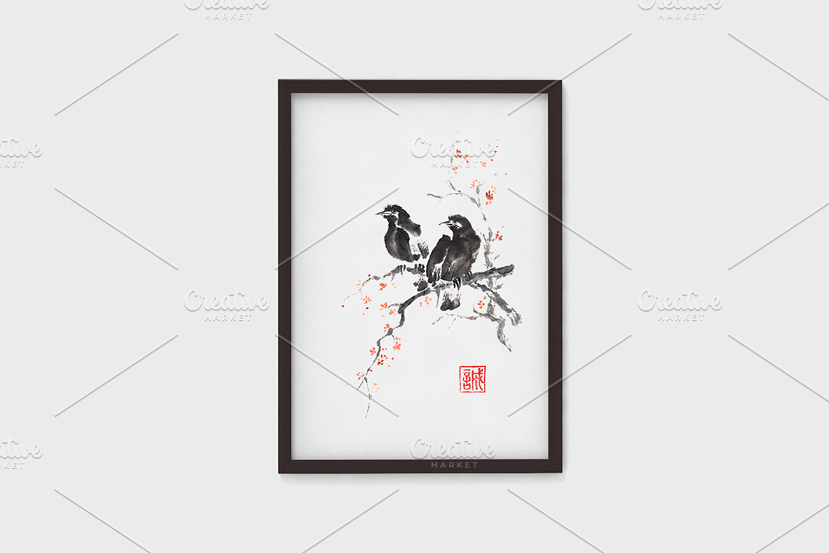 Two crows sumi-e painting, a Background Graphic by Quetzal Art (Photo 3 of 4)