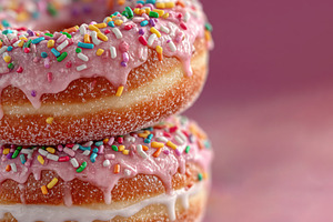 Stacked Pink Glazed Donuts with Colorful Sprinkles and Cream Fil, a Food & Drink Photo by José Manuel Gelpi