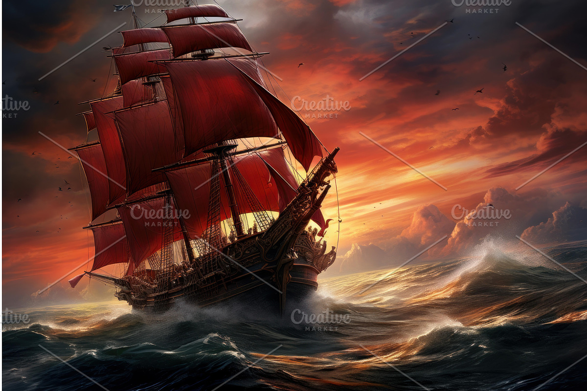 Majestic sailing ship on stormy seas, an Illustration by Ylivdesign