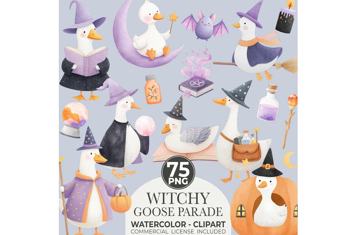 Witchy Goose Halloween Clipart Set, an Illustration by CharmClipart (Photo 1 of 9)