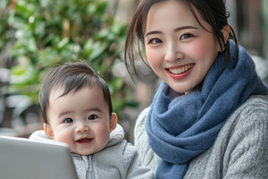 Mother working with baby outdoors, a Photo by Beautiful things