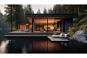 waterfront modern lake house ai, an Architecture Photo by pikepicture