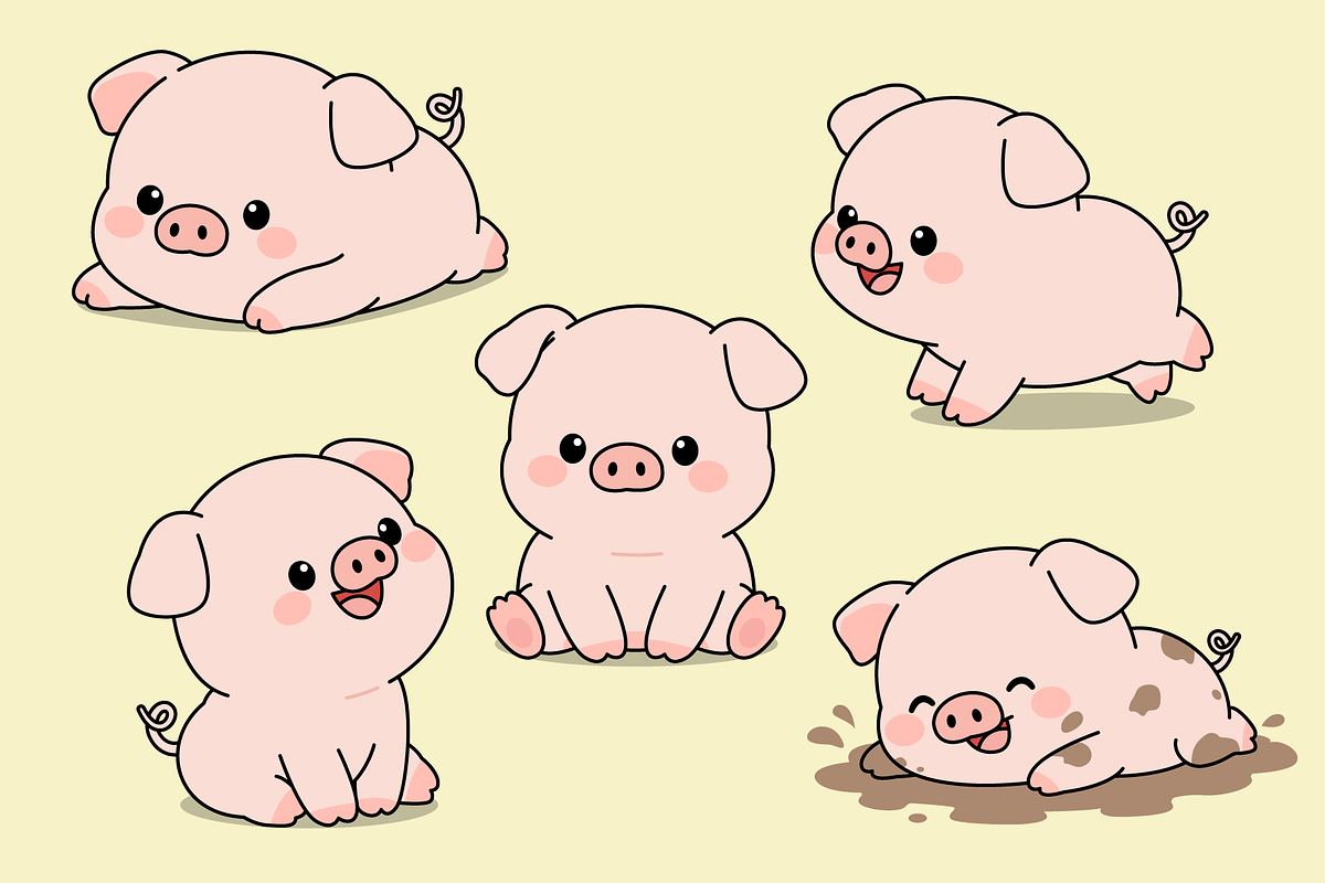 Cute Kawaii Baby Pig Character Set, an Animal Illustration by Artpon Illustration (Photo 3 of 3)