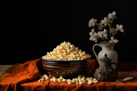 Popcorn in a clay bowl on a wooden t, a Photo by Iftikhar Alam