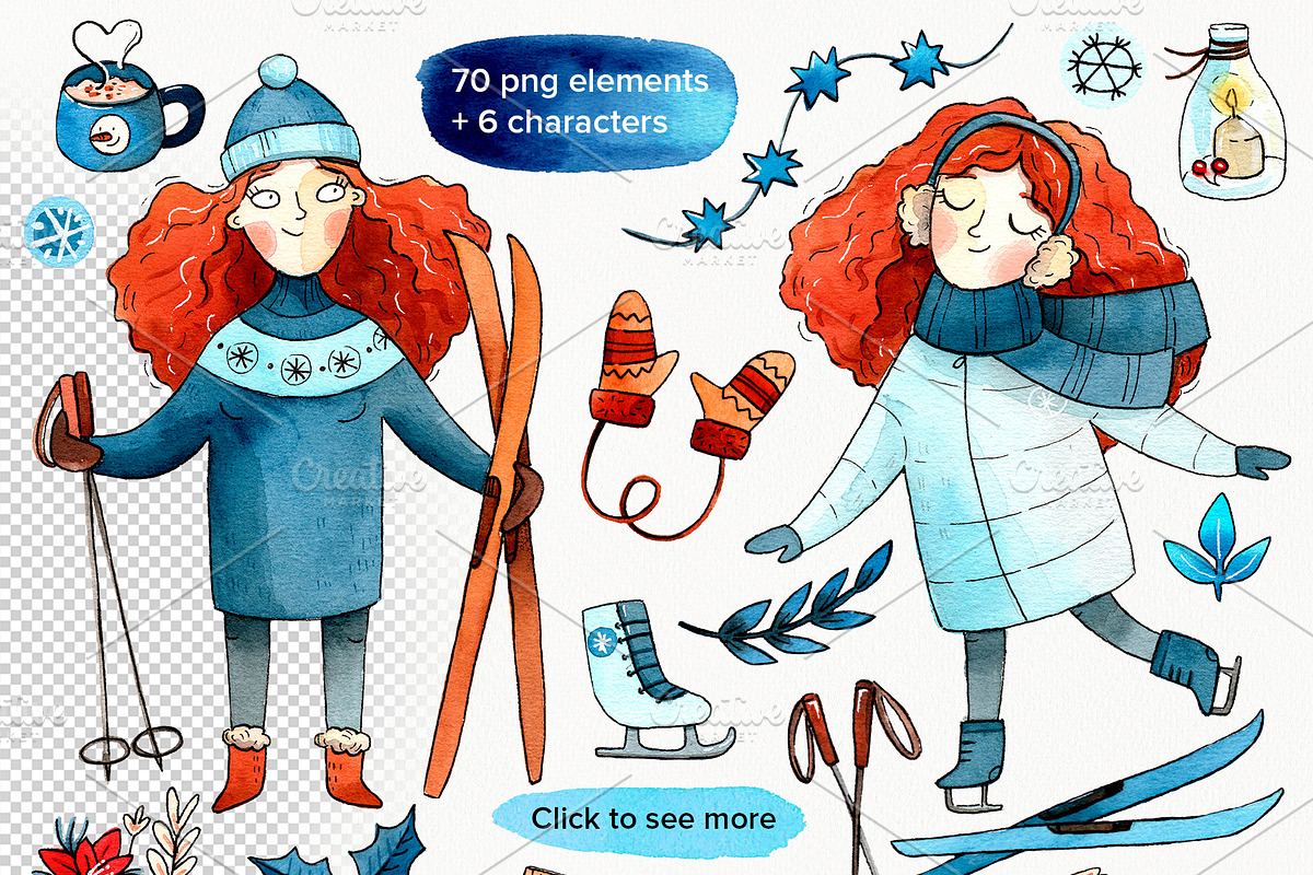 Winter Girl watercolor clipart set, an Illustration by Ekaterina Goncharova (Photo 2 of 4)
