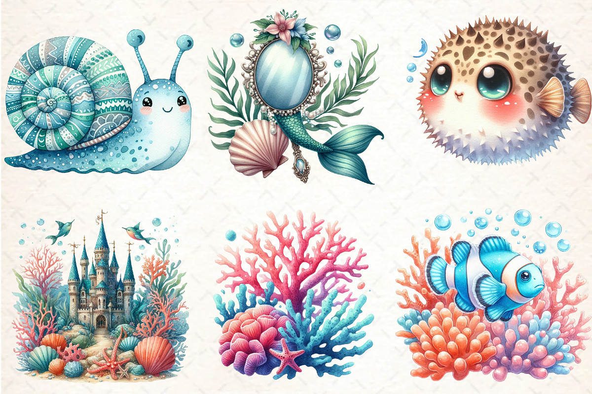 Watercolor Under the Sea Clipart, an Illustration by DreamCafeArt (Photo 2 of 7)