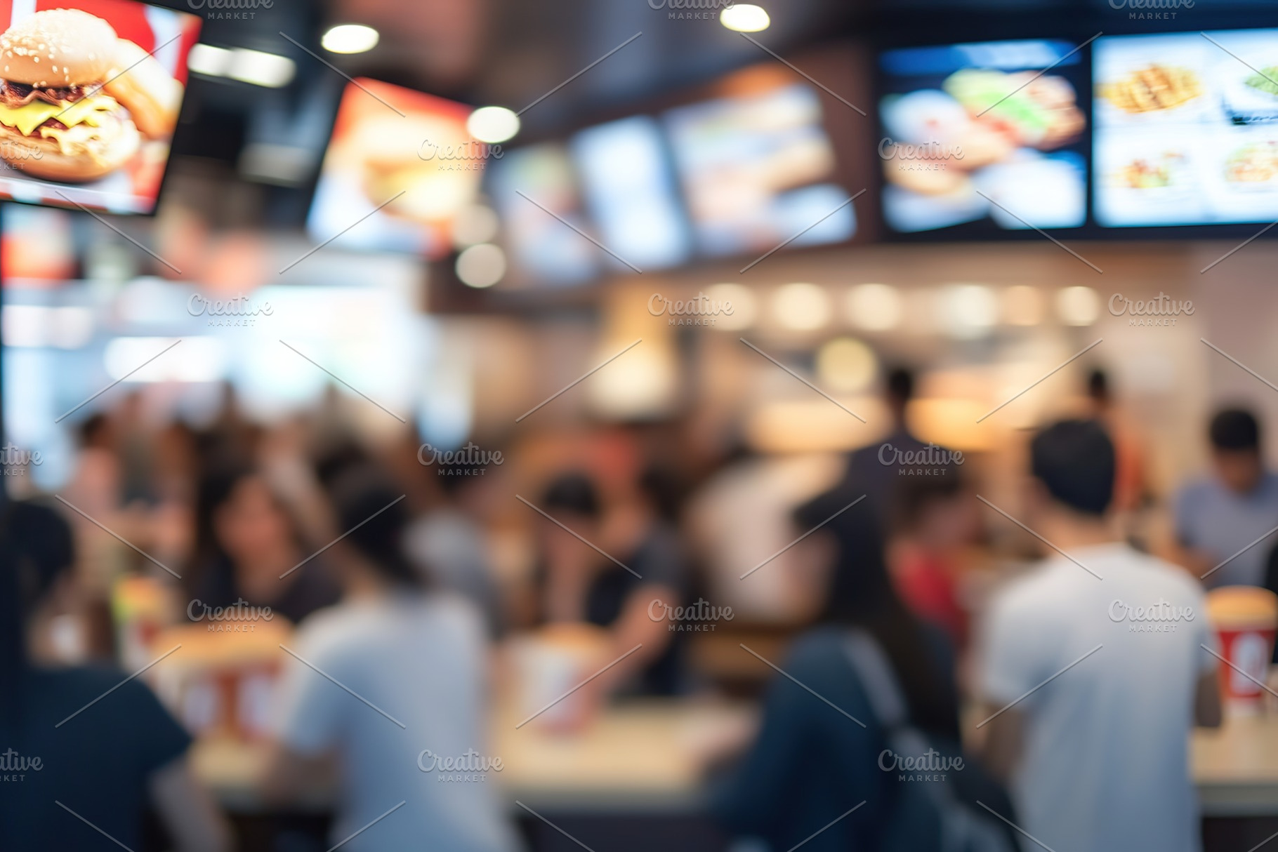 Blurred background of fast food restaurant full of people, a Photo by AlyaAnd