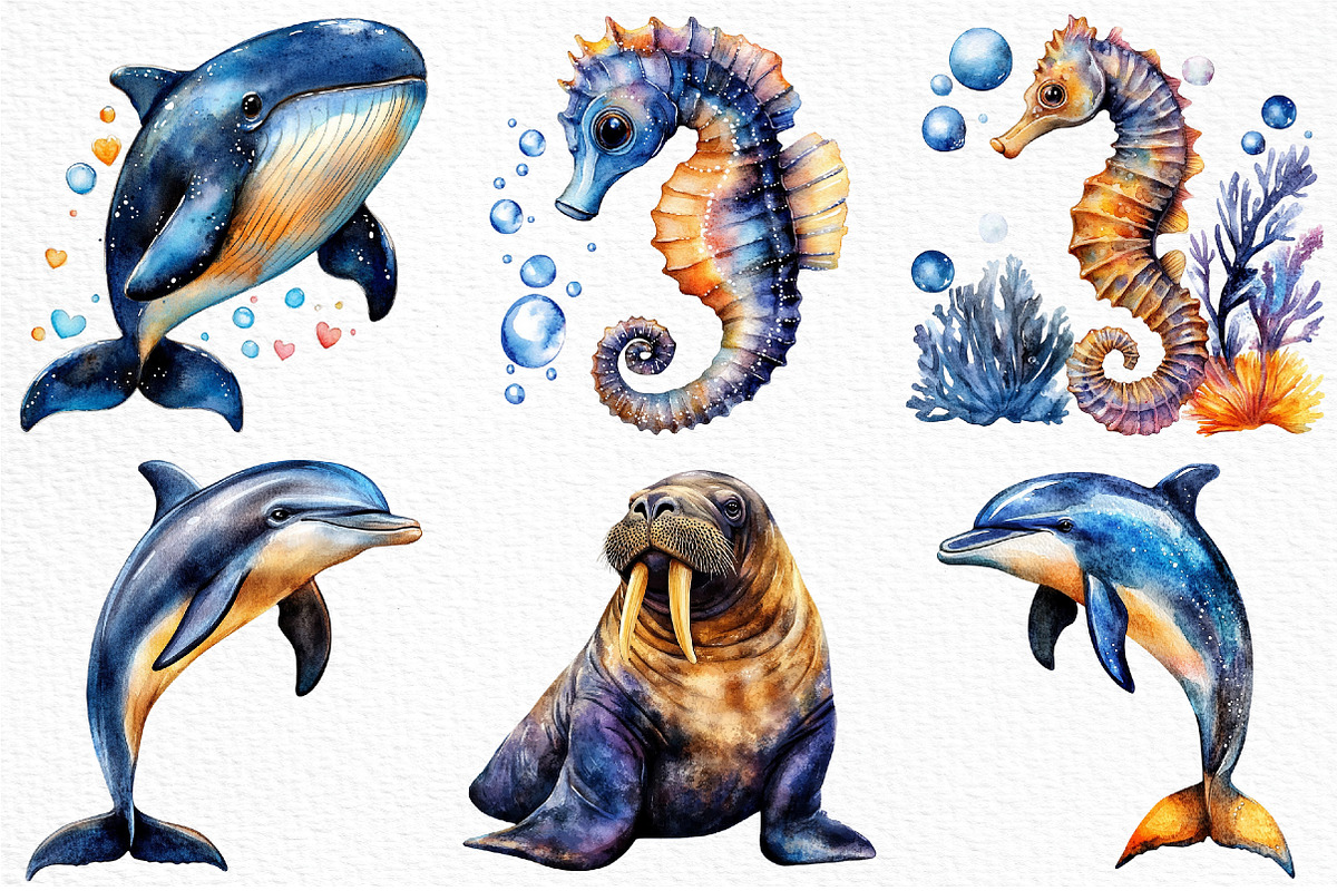 Watercolor Ocean Animals Clipart, an Illustration by Craft Nest (Photo 4 of 11)