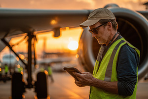 Airport worker using tablet at sunse, a Photo by Pixeness Studio