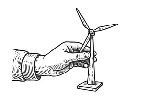 hand with wind turbine model vector, an Illustration by AlexArt