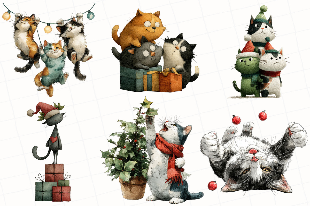 Whimsical Christmas Cats Clipart, an Illustration by OK Design (Photo 3 of 5)