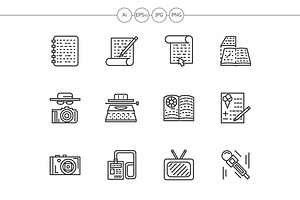 Media publishing black line icons