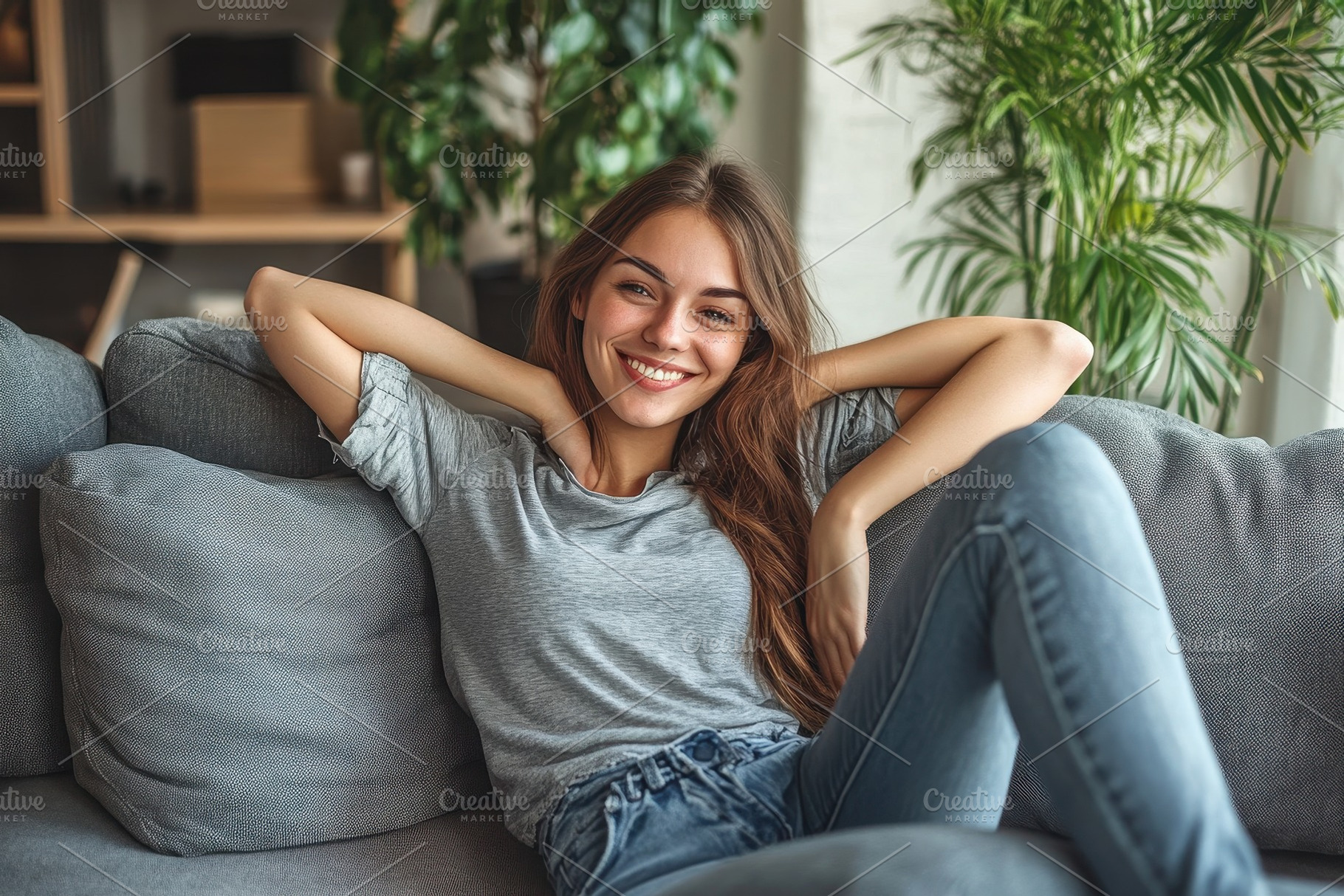 Relaxed woman smiles while lounging, a Photo by Pavel_design