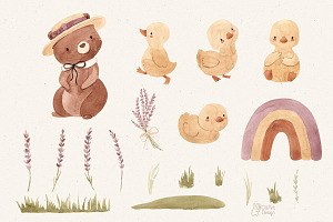 BEAR AND DUCKS. Watercolor Clipart