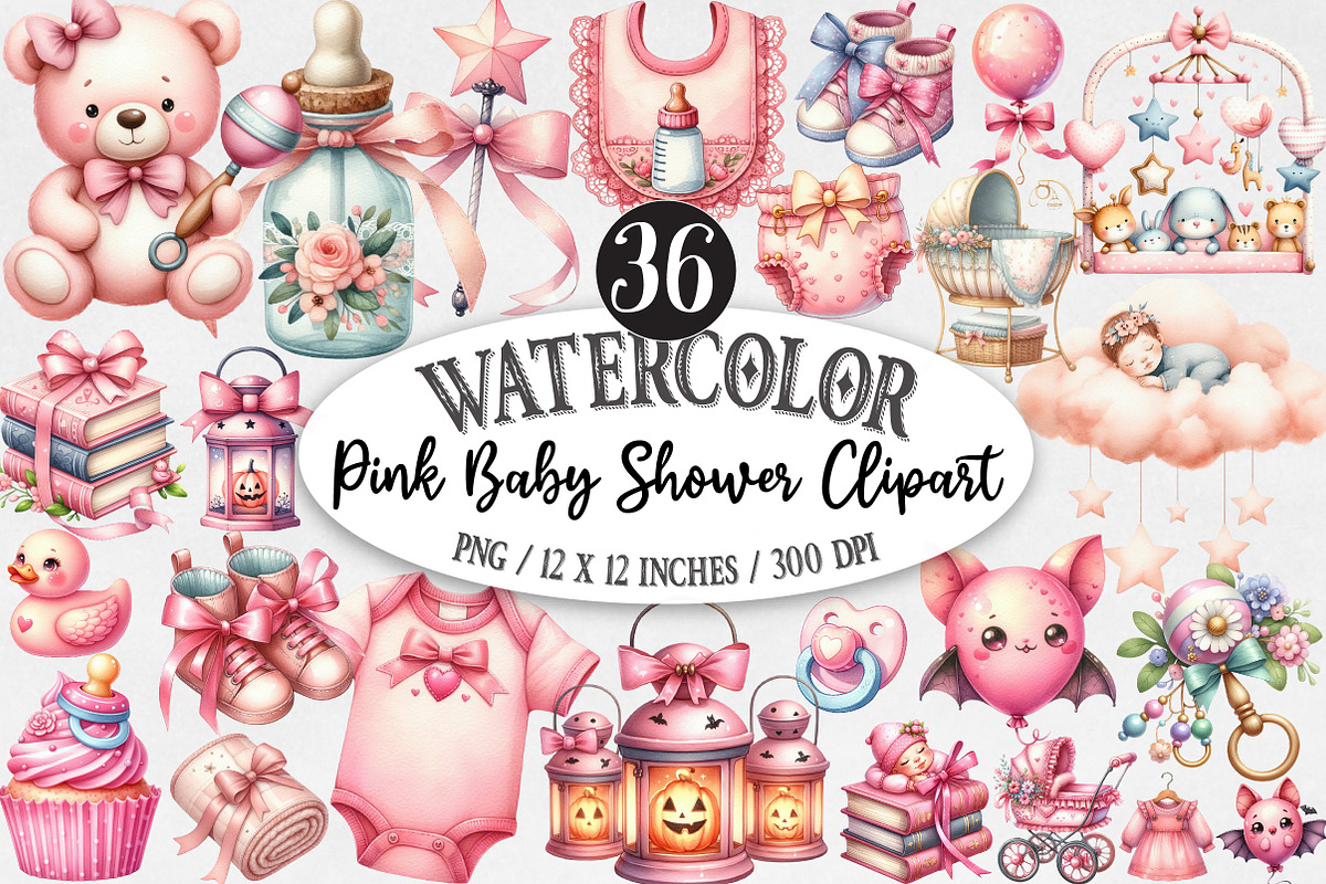 Watercolor Pink Baby Shower Clipart, an Illustration by Designking (Photo 1 of 5)