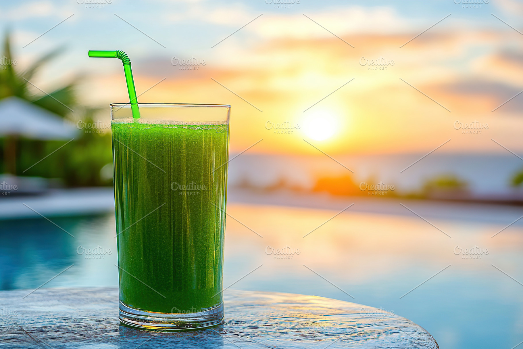 Vibrant green juice served by the poolside during sunset in a tropical paradise, a Food & Drink Photo by AlyaAnd
