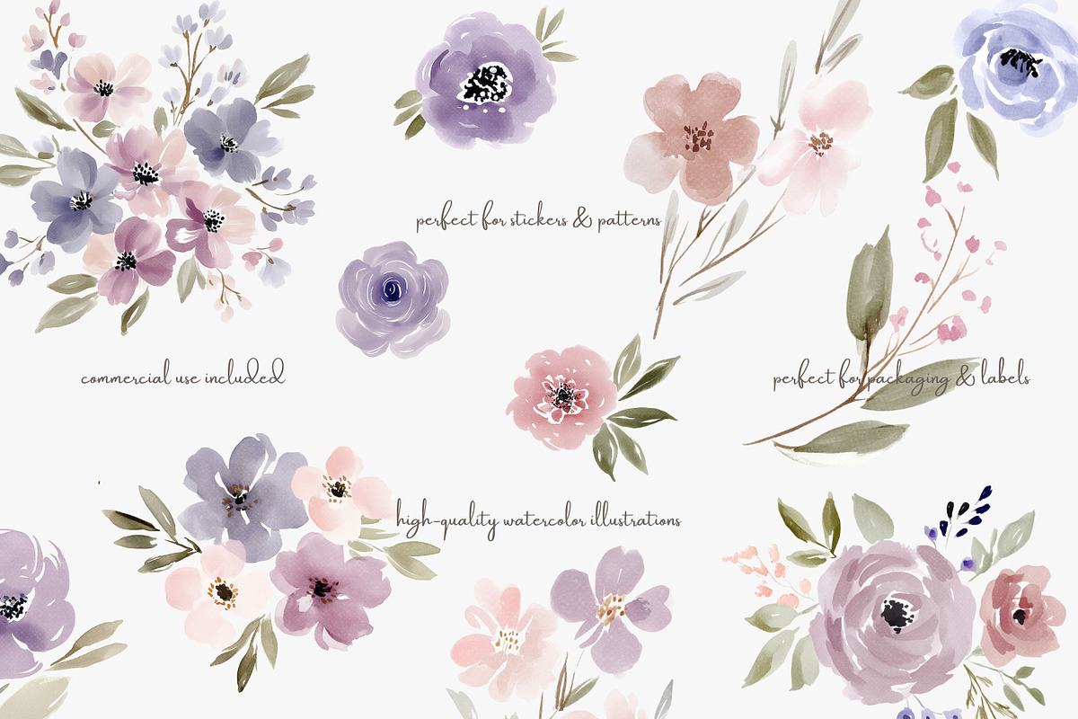 watercolor floral clipart set, a Decorative Illustration by Patishop Art (Photo 2 of 10)