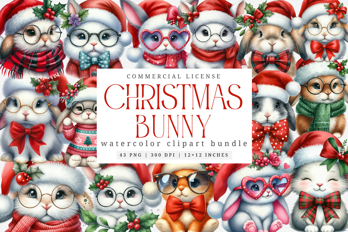 Christmas Bunny Clipart Bundle, an Illustration by SinaCreation (Photo 1 of 7)