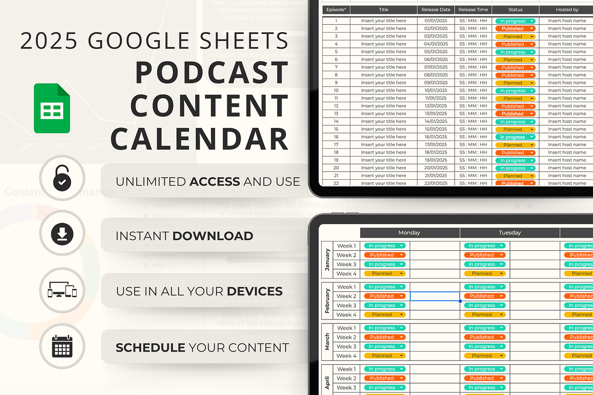 Google Sheet Podcast Content Planner, a Social Media Template by Marketello Studio (Photo 1 of 6)