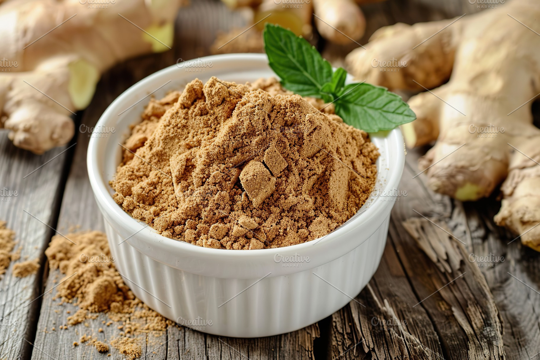 Ground dry ginger in bowl on wooden background, a Food & Drink Photo by AlyaAnd