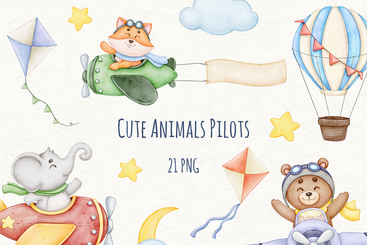 Watercolor Cute Pilot Animal Clipart, an Animal Illustration by ekossa_art (Photo 1 of 6)