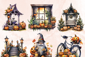 Watercolor Halloween Garden Clipart