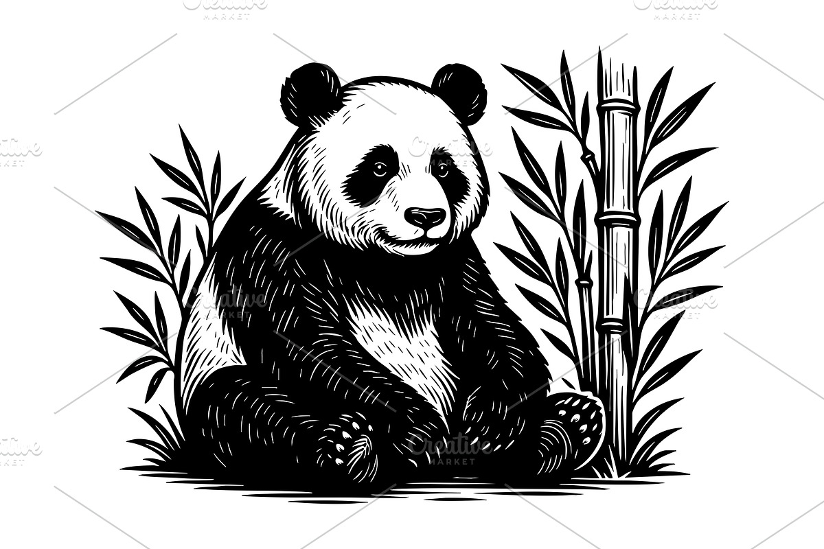 Panda sitting calmly among bamboo., an Animal Illustration by yod67