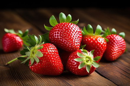 Red ripe strawberries on brown wooden background, a Food & Drink Photo by AlyaAnd
