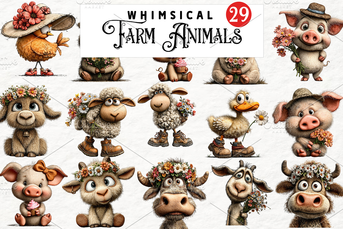 Whimsical Quirky Farm Animals png, an Animal Illustration by Watercolor design (Photo 1 of 6)