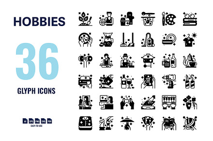 36 Hobbies Glyph, Solid Icons