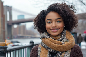 Woman standing confidently on a busy street with a bridge in the background on, a Person Photo by AlyaAnd