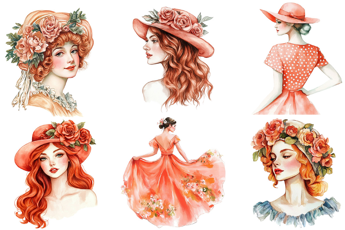 Coral Spring Vintage Woman Clipart, an Illustration by SinaCreation (Photo 3 of 5)