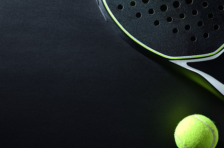 Background of black padel racket and ball on black background, a Sports & Recreation Photo by Davizro's Market