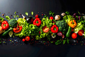Assorted flying vegetables with peppers broccoli cucumbers and l, an Animal Photo by GoodGoods