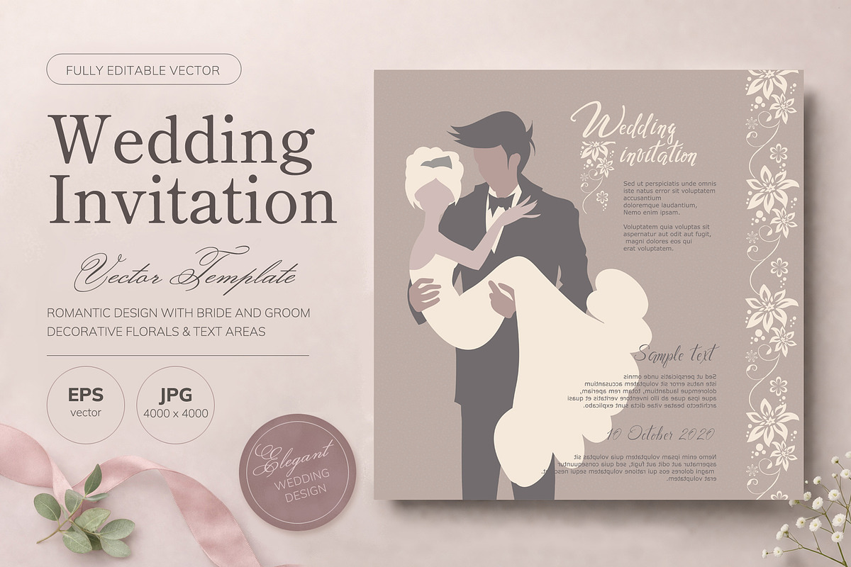 Wedding Invitation Vector Template, an Invitation Template by Elena Naumchenkova (Photo 1 of 3)
