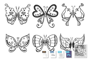 Butterflies Set In Doodle Style