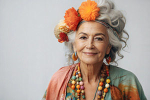 Portrait of a smiling elderly woman with floral accessories., a Person Photo by ImageMir