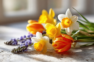 Spring flowers bouquet with daffodils, tulips and lavender, a Nature Photo by AlyaAnd