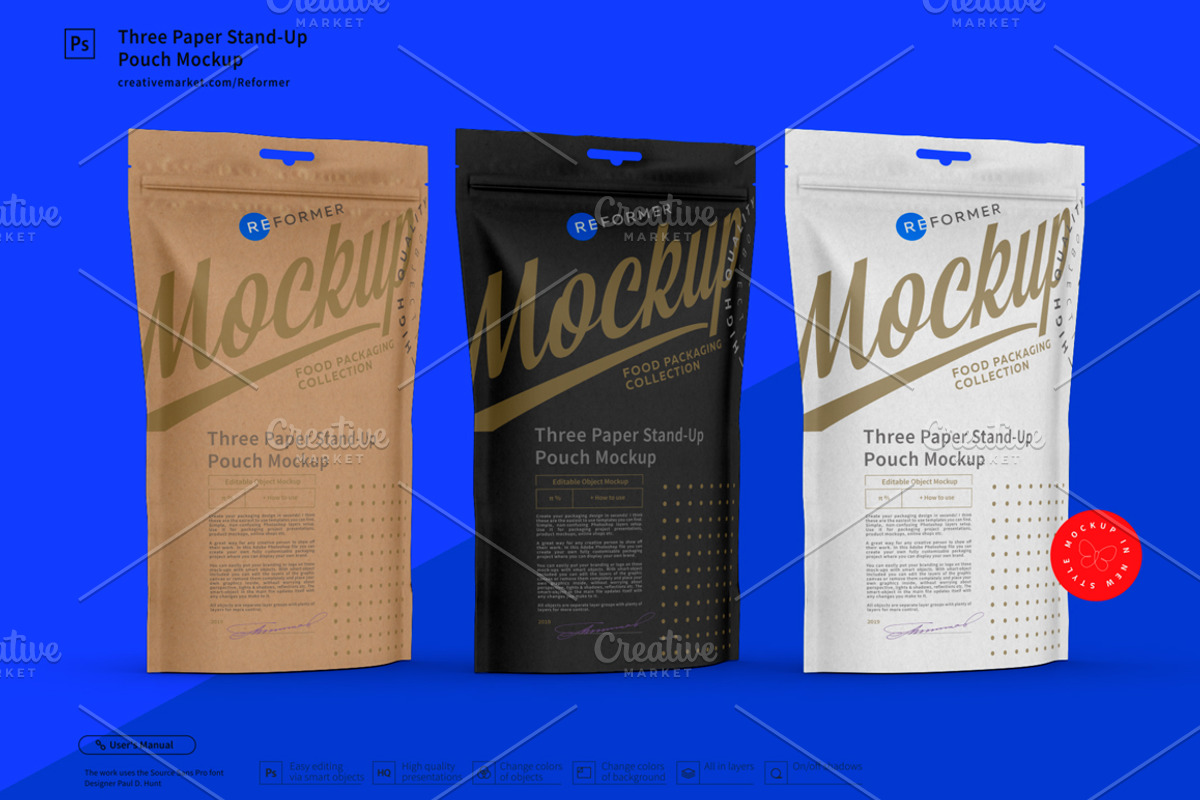 Three Paper Stand-Up Pouch Mockup, a Packaging Mockup by Reformer Mockup