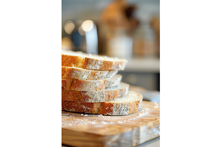 Sliced artisanal bread stacked on, a Food & Drink Photo by Lermont51