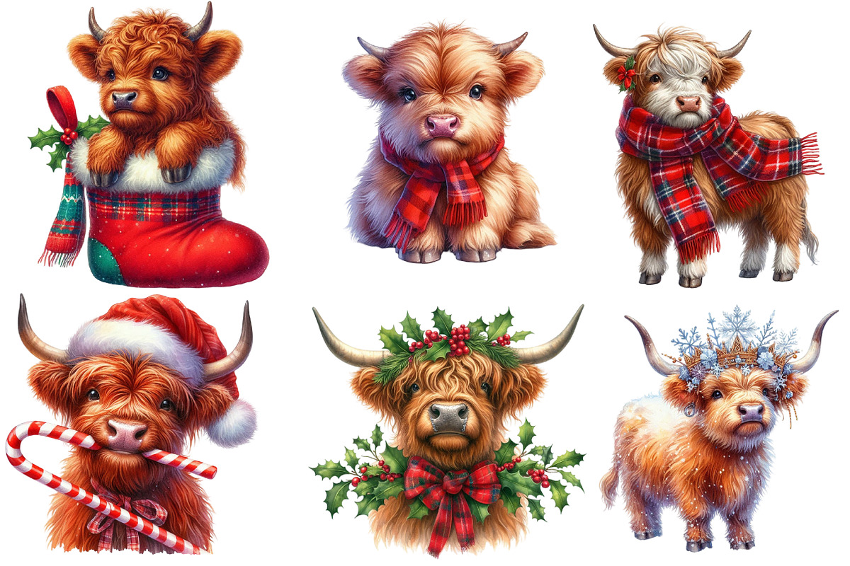 Christmas Highland Cows Clipart, an Illustration by DreamArtGraphic (Photo 4 of 5)
