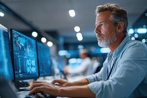 Man analyzing data at multiple computer screens, a Business Photo by AlyaAnd
