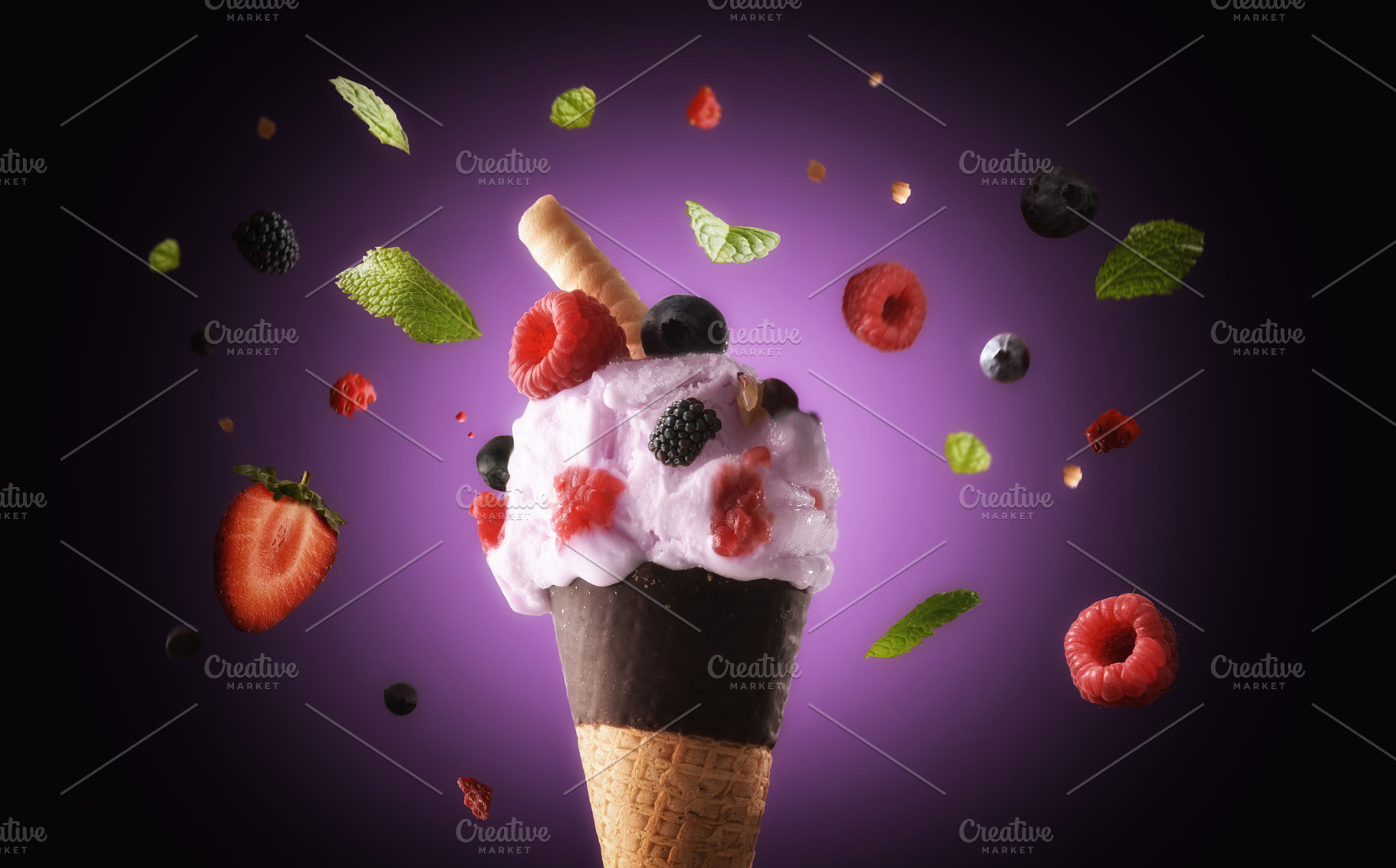 Berry Ice Cream Cone with Floating Fruits, a Food & Drink Photo by Davizro's Market