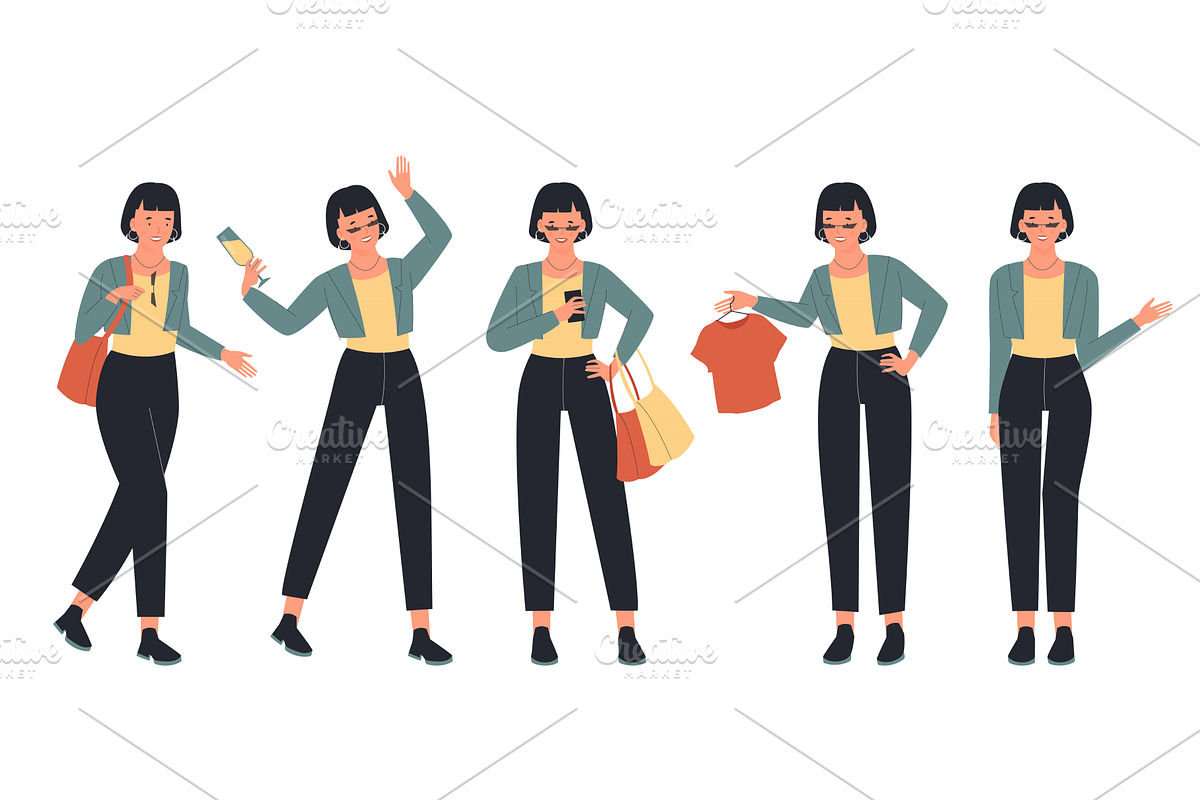 Young Girl Poses in Modern Outfits, a Person Illustration by Flashvector
