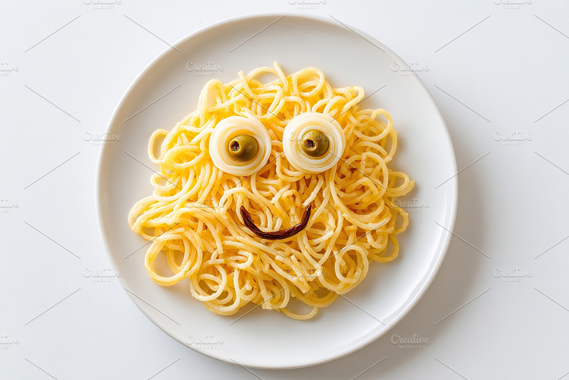 Creative plate of spaghetti arranged into a smiling face with eyes and mouth on, a Food & Drink Photo by AlyaAnd